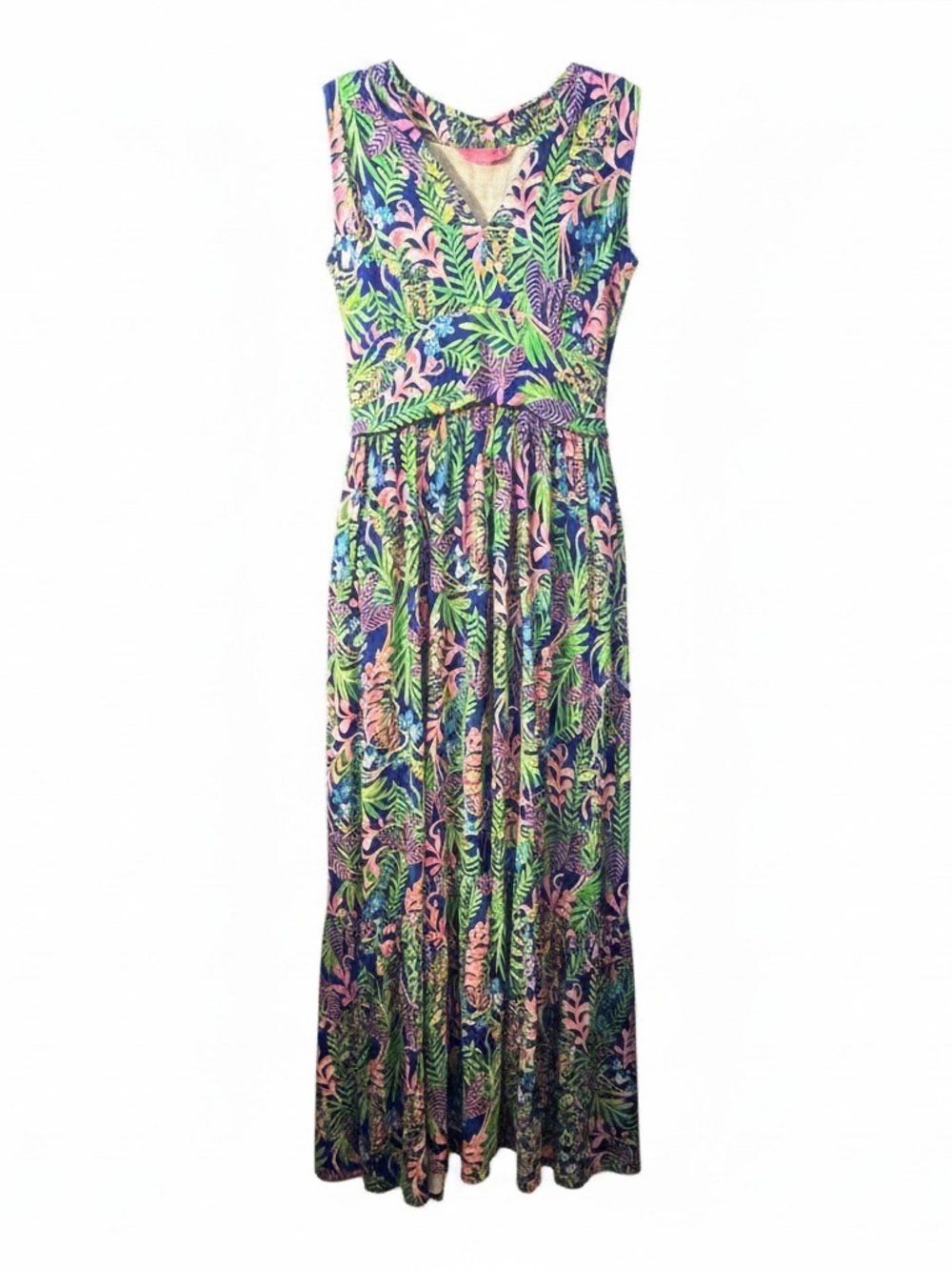Lilly Pulitzer Maxi Dress Sleeveless Tropical Print Dress in Green & Pink Size L